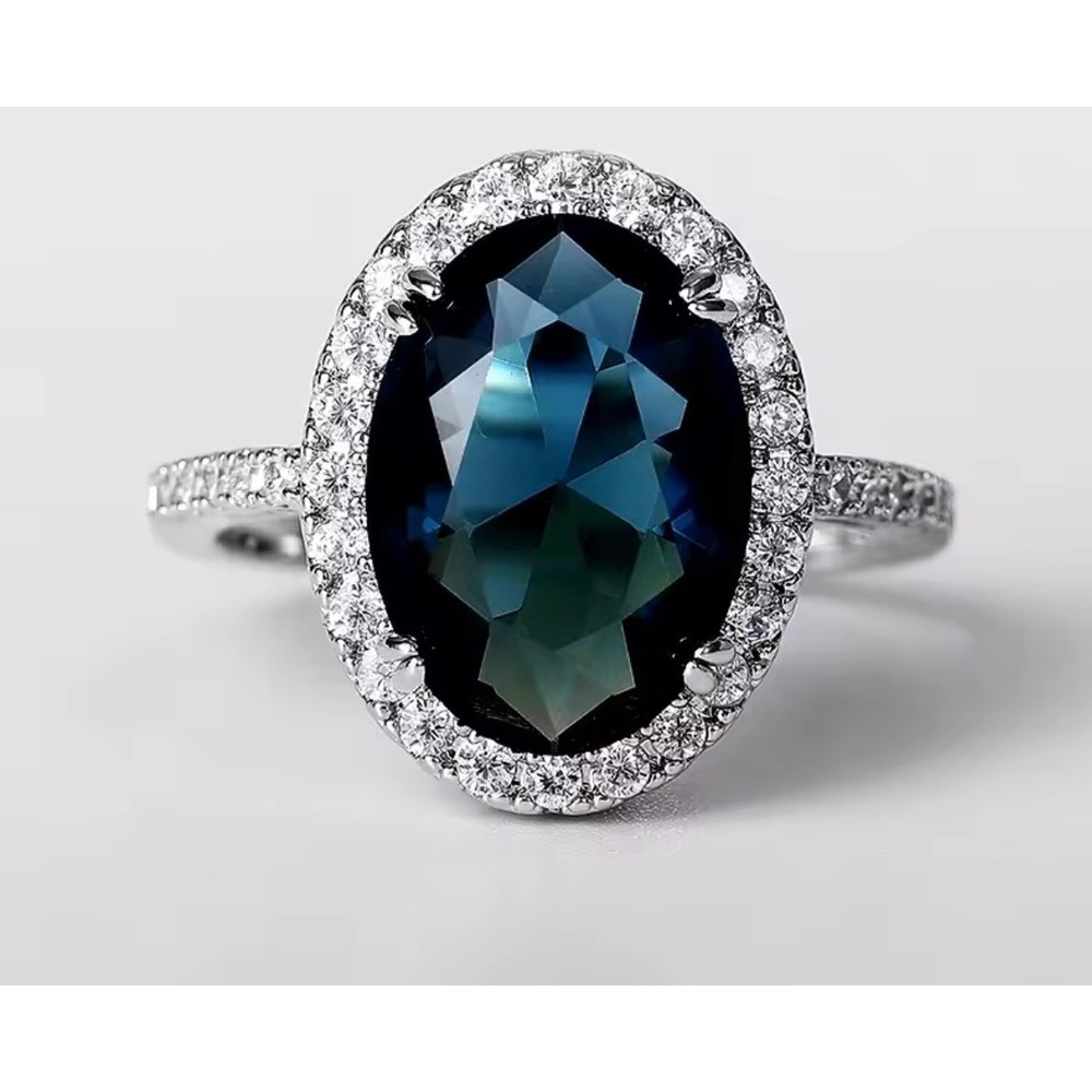 London Blue Topaz Oval Halo Ring Silver Tone Pavé Vintage Style Statement SZ 6